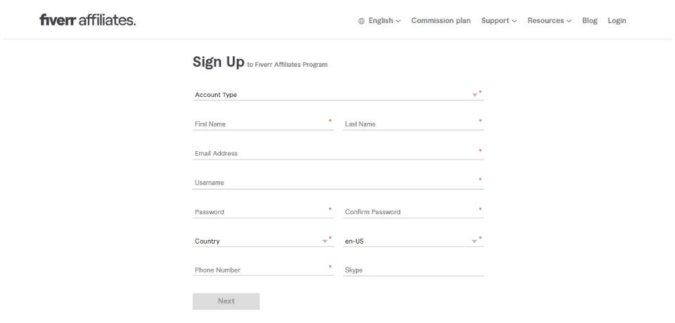 Fiverr Affiliate Sign Up Form